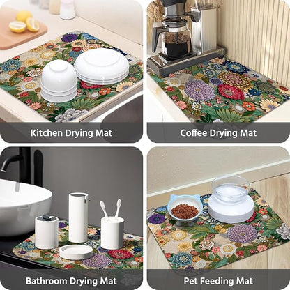 Dish Drying Mat for Kitchen Counter 16x18 Inch, Super Absorbent Dish Drainer Mat, Decorative Microfiber Dishes Drying Pad-Small(Luxurious flowers)