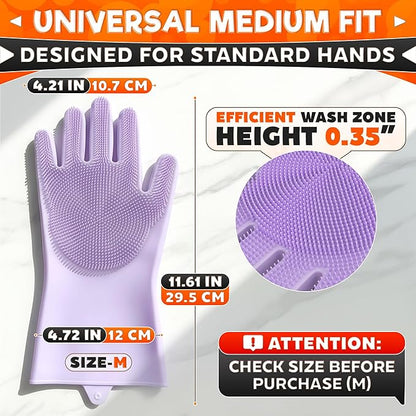 ALPENKOK Silicone Dishwashing Gloves with Scrubber – Non-Slip Silicone Gloves wor Washing Dishes | Household Use