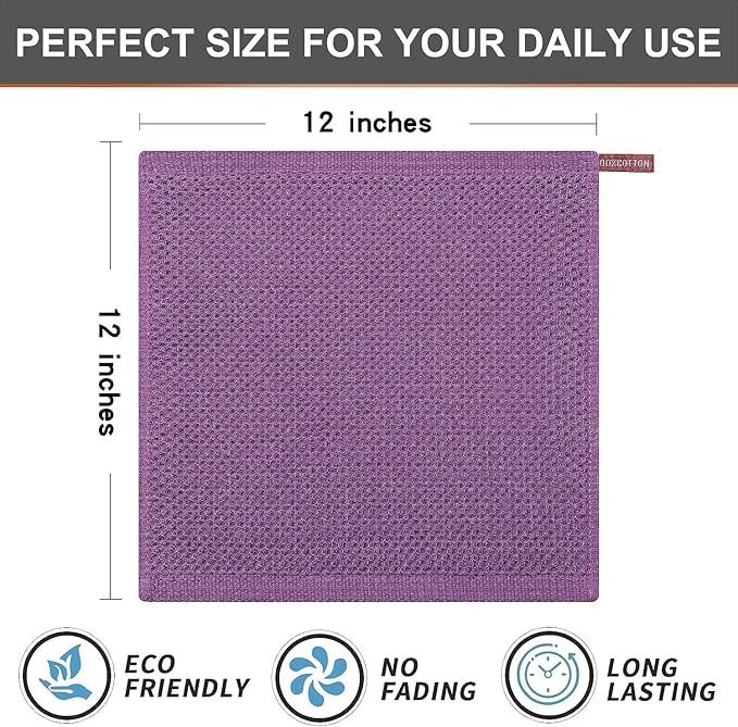 Kitinjoy 100% Cotton Kitchen Dish Cloths (12 X 12 Inches, Violet), 12 Pack Waffle Weave Ultra Soft Absorbent Dish Towels for Drying Dishes Quick Drying Kitchen Towels Dish Rags