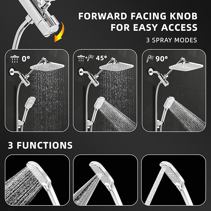 12" Rain Shower Head with Handheld Spray, Rainfall Shower Head with Handheld Combo, 11" Stainless Steel Extension Arm with Height & Angle Adjustable High Pressure Showerheads, Chrome
