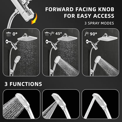 12" Rain Shower Head with Handheld Spray, Rainfall Shower Head with Handheld Combo, 11" Stainless Steel Extension Arm with Height & Angle Adjustable High Pressure Showerheads, Chrome