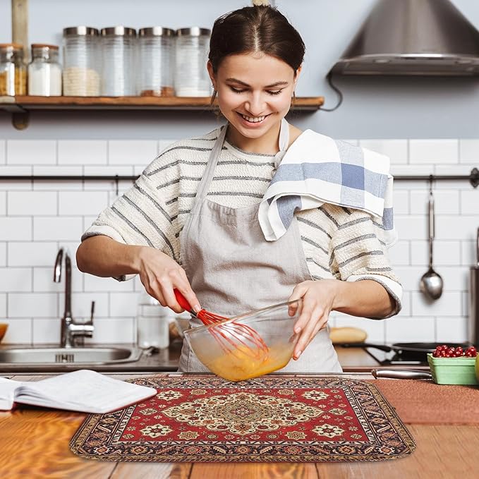 Sanwarm Absorbent Dish Drying Mat, Royal Red Moroccan Microfiber Pad for Kitchen Counter, Coffee Bar Decor, Heat Resistant and Reversible, 16" x 18"
