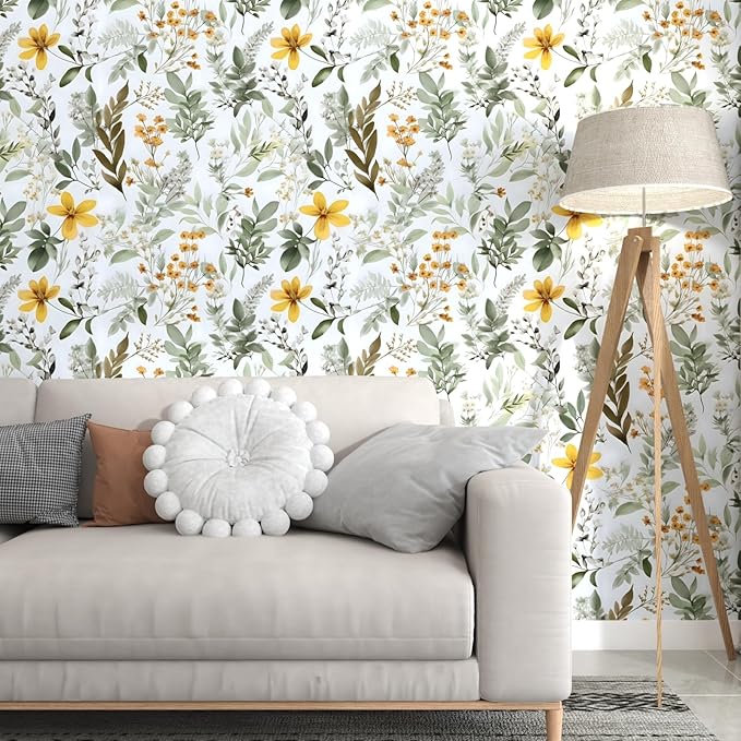 Green Leaf Wallpaper Peel and Stick, Vintage Yellow Floral Contact Paper 17.5" x 197", Botanical Wall Paper Self Adhesive Removable Waterproof for Bathroom Bedroom Shelves Cabinet Drawer Table Decor