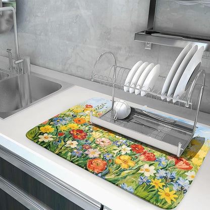 Spring Summer Floral Dish Drying Mat for Kitchen Counter 18x24 Green Yellow Blue Flower Wildflower Print Absorbent Reversible Microfiber Drying Mats Kitchen Countertop Protector Dishes Drainer Pad