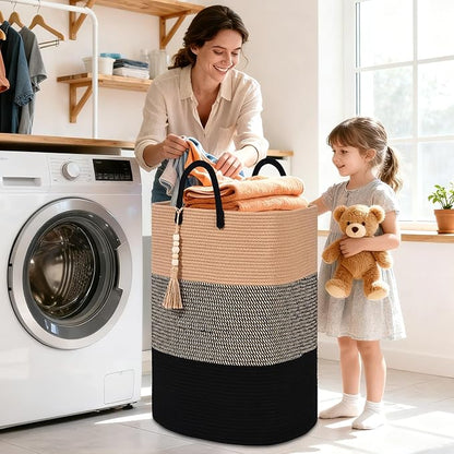Woven Laundry Basket for Clothes, 65L Large Rectangle Laundry Hampers with Beads Tassel, Nursery Storage Basket for Toys, Tall Dirty Clothes Hamper for Bedroom Aesthetic, Laundry Room Organization