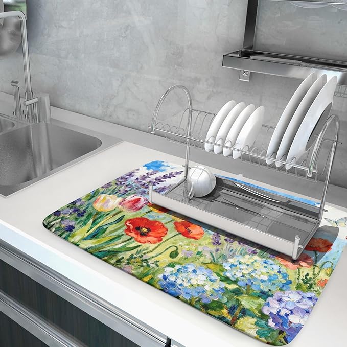 Spring Floral Dish Drying Mat for Kitchen Counter 18x24 Green Purple Blue Flower Butterfly Summer Absorbent Reversible Microfiber Seasonal Drying Mats Kitchen Countertop Protector Dishes Drainer Pad