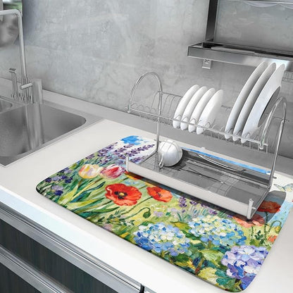 Spring Floral Dish Drying Mat for Kitchen Counter 18x24 Green Purple Blue Flower Butterfly Summer Absorbent Reversible Microfiber Seasonal Drying Mats Kitchen Countertop Protector Dishes Drainer Pad