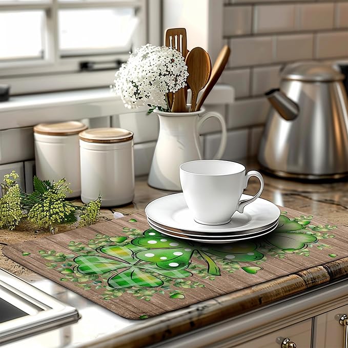 St Patricks Day Wooden Plank Texture Shamrock Dish Drying Mat St Patrick Eucalyptus Leaves Clover Dish Drying Pad for Kitchen Counter Absorbent Microfiber Dishes Drainer Rack Mats 18x24 Inch