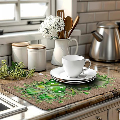 St Patricks Day Wooden Plank Texture Shamrock Dish Drying Mat St Patrick Eucalyptus Leaves Clover Dish Drying Pad for Kitchen Counter Absorbent Microfiber Dishes Drainer Rack Mats 18x24 Inch