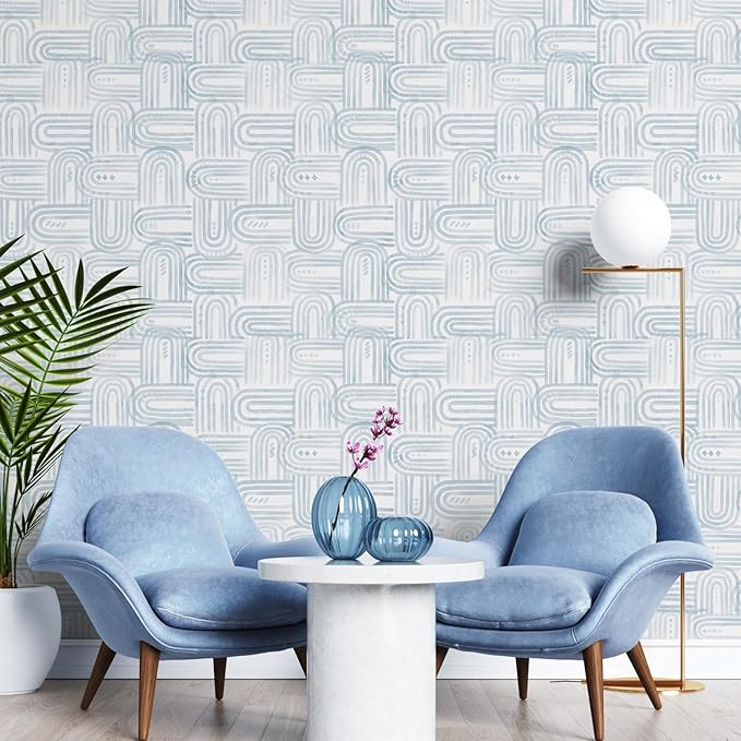 Modern Peel and Stick Wallpaper Light Blue Wallpaper 17.3" x 1200" Boho Abstract Geometric Contact Paper Waterproof Wall Paper for Bedroom Cabinets Furniture Vinyl