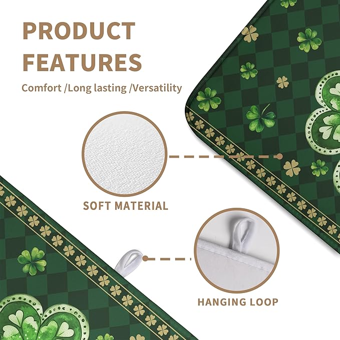 St Patrick's Day Shamrock Dish Drying Mat Green Spring Kitchen Dish Drying Pad Absorbent Dish Dryer Mat for Kitchen Countertops Microfiber Dishes Drainer Pad Dish Drying Rack Mat (18x24 in)