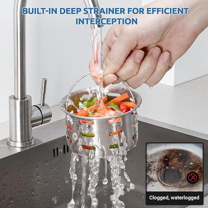BOTEMY 3-1/2 Inch Extended Garbage Disposal Flange with Deep Strainer and Sink Stopper Flat Cover Kitchen Sink Flange Kit (Brushed)