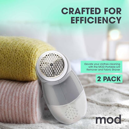MOD 2 Pack Portable Fabric Shaver and Lint Remover, Reusable Pet Hair Remover, Lint Roller for Clothes, Sweater Shaver, Couch, Blankets with Detachable Lint Collector Tank, Battery Operated, Grey