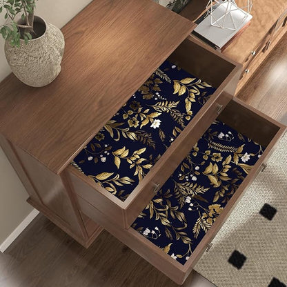 Extra Long Dark Navy Vintage Floral Wallpaper 17.5In x 393In Boho Peelable Contact Paper Botanical Wall Paper Waterproof Stick on Backsplash Bedroom Cabinet Drawer Deep Blue Yellow Gold