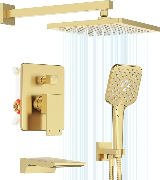 Gabrylly Shower System with Tub Spout, Wall Mounted Shower Faucet Set for Bathroom with High Pressure 10" Rain Shower head and 3-Setting Handheld Shower Head Set,Brushed Gold