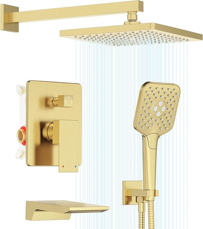 Gabrylly Shower System with Tub Spout, Wall Mounted Shower Faucet Set for Bathroom with High Pressure 10" Rain Shower head and 3-Setting Handheld Shower Head Set,Brushed Gold