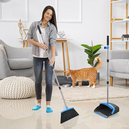 Broom and Dustpan Set, 52-in Long Adjustable Handle Broom Dustpan Combo with Dust pan Teeth to Automatically Clean Hair Suitable for Home Kitchen Office Hall Floor (Black&Blue), 4 Pack