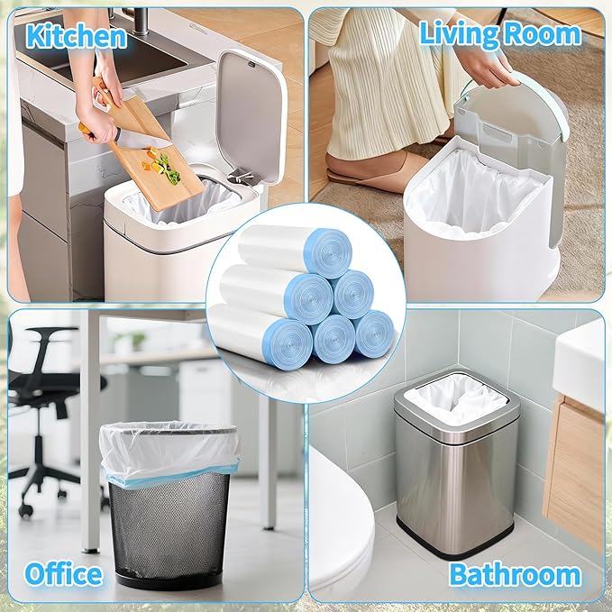 100 Count Small Drawstring Trash Bags for 8-Gallon (30 L) Trash Cans,Thick Pre-separated Garbage Bags,Mini Wastebasket can Liners for Bathroom Bedroom Office(White)