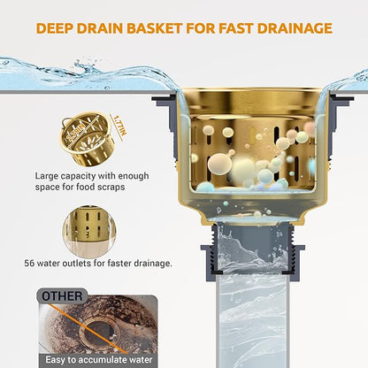 BOTEMY 3-1/2'' Kitchen Sink Drain Assembly Kit,Brass-Finish Sink Drain Strainer with Removable Deep Sink Strainer Basket and Sink Stopper Flat Cover Replacement for Standard Kitchen Sinks