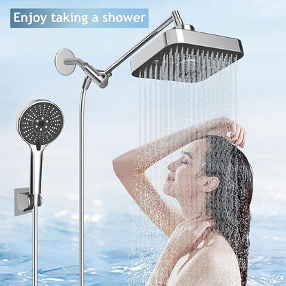 High Pressure Rainfall & Handheld Shower Head Combo, 3-Spray Fixed Showerhead and 6 Sprays Hand Held with 6ft Stainless Steel Hose and Adjustable Extension Arm (Silver black)