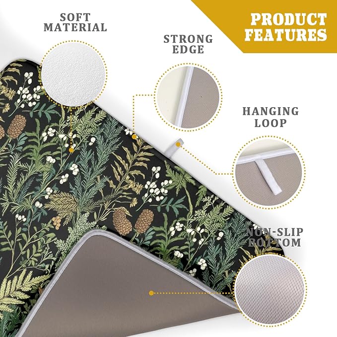 Green Plant Fern Leaves Floral Dish Drying Pad 18 x 24 Inch With Absorbent Reversible Microfiber Black Flower Botanical Leaf Vintage Drying Mats Dish Drainer Mat Fast Dry For Kitchen Dining Room