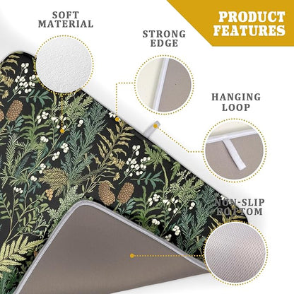 Green Plant Fern Leaves Floral Dish Drying Pad 18 x 24 Inch With Absorbent Reversible Microfiber Black Flower Botanical Leaf Vintage Drying Mats Dish Drainer Mat Fast Dry For Kitchen Dining Room