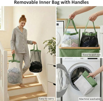 efluky Laundry Hamper with Lid, Double Laundry Hamper with 2 Removable Bags, 2 Section Laundry Basket with Bamboo Handles for Bathroom, Bedroom & Laundry Room,140L Green