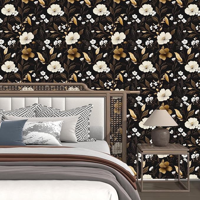 Fvlow Black Gold Floral Wallpaper Peel and Stick 17.4" X 118" Golden Leaf Small Flower Contact Paper Floral Pattern Removable Self Adhesive Covering for Bedroom Cabinet Bathroom Home Decor Black Dark