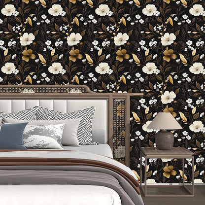 Fvlow Black Gold Floral Wallpaper Peel and Stick 17.4" X 118" Golden Leaf Small Flower Contact Paper Floral Pattern Removable Self Adhesive Covering for Bedroom Cabinet Bathroom Home Decor Black Dark
