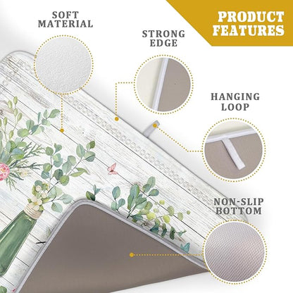 Fern Leaf Vase Dish Drying Mat 18x24 Inch Eucalyptus Leaves Microfiber Absorbent Dish Drainer Mat Reversible Drying Pad for Kitchen Counter Sink