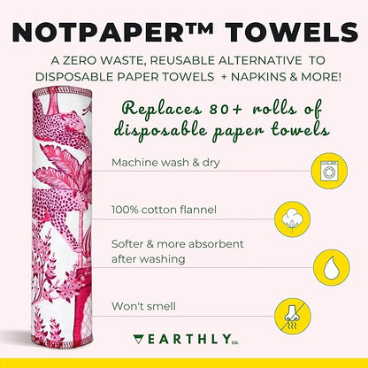 Reusable Paper Towels - 10 Pack - Roll of Washable Cotton Cloth Paper Towels - Paperless Reusable Napkins Cloth Washable - Absorbent + Long Lasting - Zero Waste Products - (Rosé Safari)
