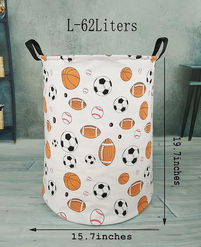 KUNRO Round Basketball Football Laundry Gift Basket Storage Hamper, Clothes Storage Organizer Bins, Shelf Basket with Handles for Room Decor (Balls)