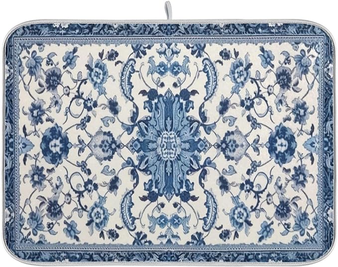 Dish Drying Mat Kitchen Counter Absorbent Blue and White Pattern Coffee Sink Mat Dish Drainer Pad 18 Inch x 24 Inch