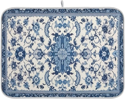 Dish Drying Mat Kitchen Counter Absorbent Blue and White Pattern Coffee Sink Mat Dish Drainer Pad 18 Inch x 24 Inch