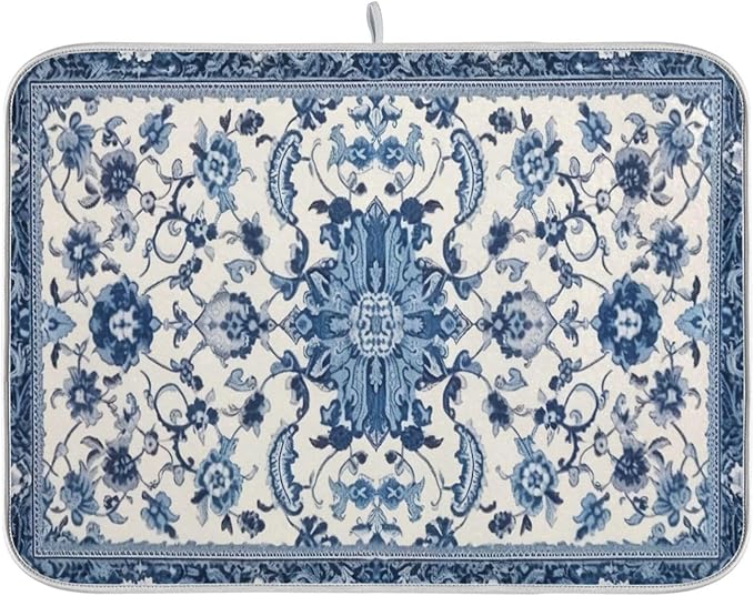 Dish Drying Mat Kitchen Counter Absorbent Blue and White Pattern Coffee Sink Mat Dish Drainer Pad 18 Inch x 16 Inch