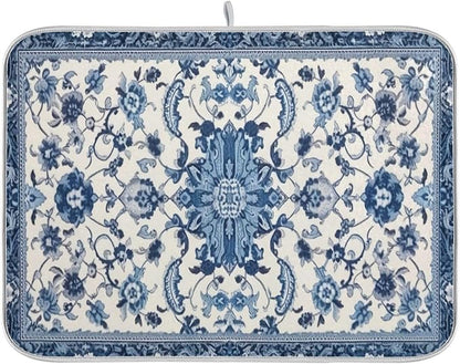 Dish Drying Mat Kitchen Counter Absorbent Blue and White Pattern Coffee Sink Mat Dish Drainer Pad 18 Inch x 16 Inch