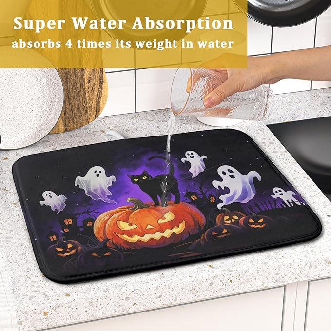 Halloween Ghost Pumpkin Dish Drying Mat for Kitchen Counter 16x18 Black Cat Holiday Scary Theme Absorbent Reversible Microfiber Drying Mats Kitchen Countertop Protector Dishes Drainer Pad