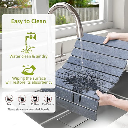 Large Stone Dish Drying Mat for Kitchen Counter, 24"(L)×16"(W), Collapsible Quick Dry Stone Dish Mats, Super Absorbent Diatomaceous Earth Drying Pad for Dishes Bottles Cups, Countertops (Black Grey)