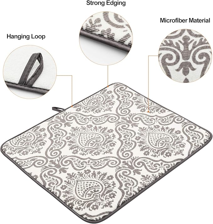 Subekyu Dish Drying Mats for Kitchen, Ultra Absorbent Microfiber Drying Mat, Dishes Drainer Pads 2 Pack, 19 by 15 Inch (Floral Vine)