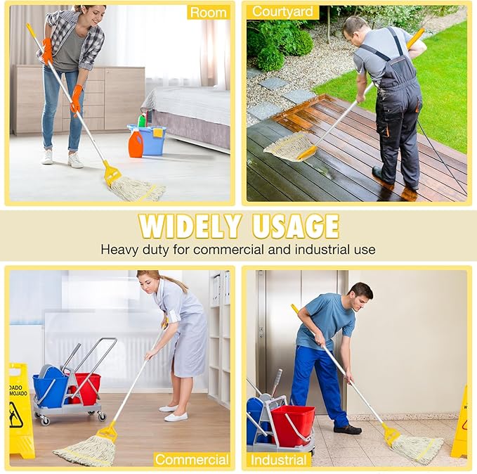 Commercial Mop Industrial Cotton Mop with Extra Replacement Head,Looped-End Heavy Duty String Wet Mops with Long Handle for Home,Garage,Office, Workshop, Warehouse Floor Cleaning