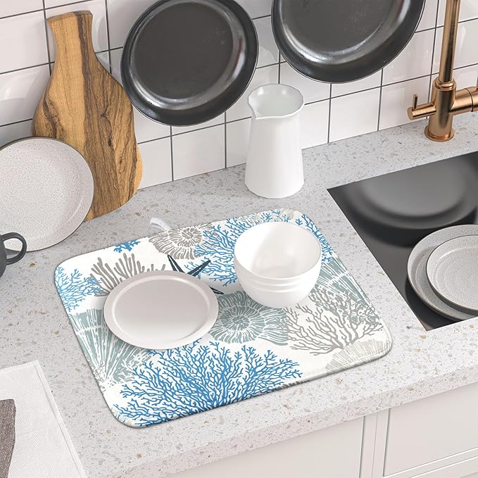 Coastal Blue Gray Dish Drying Pad 16 x 18 Inch With Absorbent Reversible Microfiber Starfish Seashell Coral Nautical Summer Drying Mats Dish Drainer Mat Fast Dry For Kitchen Dining Room Decoration