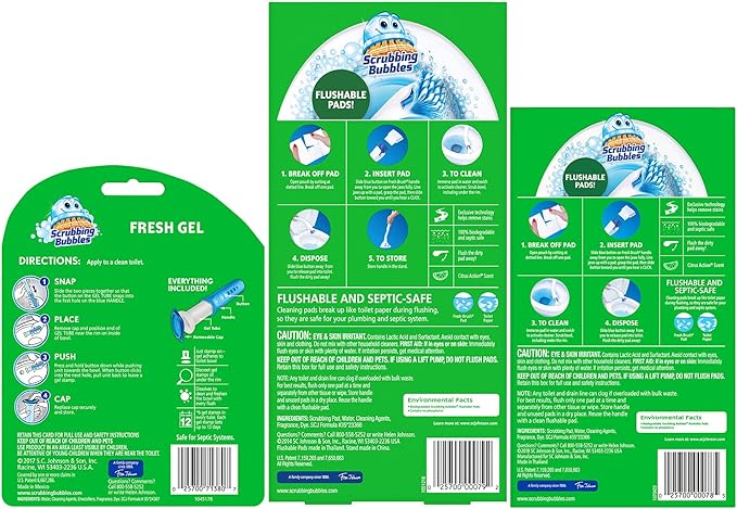 Scrubbing Bubbles Fresh Brush Toilet Bowl Brush and Holder with Toilet Cleaner Refill Pads & Gel Stamps, Cleans Limescale & Fights Odors, Citrus Scent, Includes Starter Kit + 20 Refills + 6 Gel Stamps