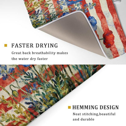 4th of July Patriotic Dish Drying Mat for Kitchen Counter 18x24 Red Blue White Floral American Flag Holiday Absorbent Reversible Microfiber Drying Mats Kitchen Countertop Protector Dishes Drainer Pad