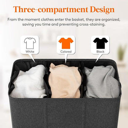 Lifewit Triple Laundry Hamper with Lid and Removable Laundry Bags, Large Collapsible 3 Dividers Dirty Clothes Basket with Handles for Bedroom, Laundry Room, Closet, Bathroom, College, 160L Dark Gray