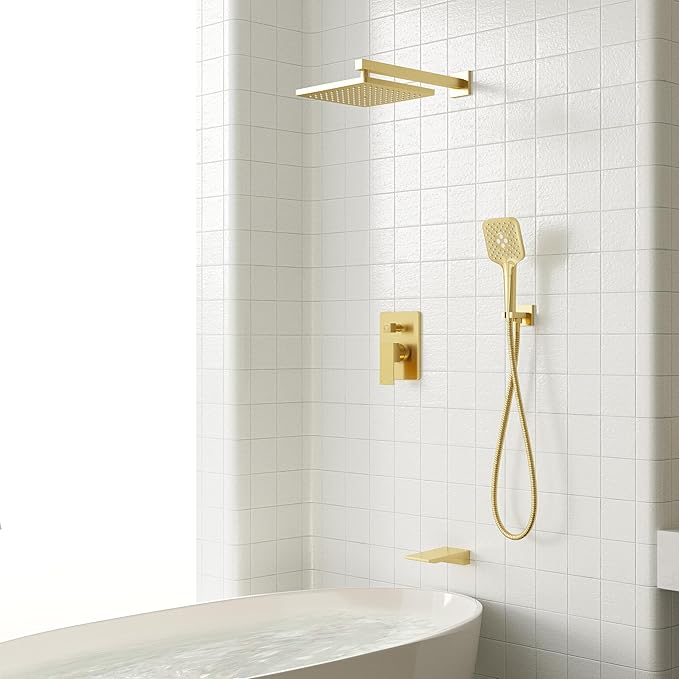 Gabrylly Shower System with Tub Spout, Wall Mounted Shower Faucet Set for Bathroom with High Pressure 10" Rain Shower head and 3-Setting Handheld Shower Head Set,Brushed Gold