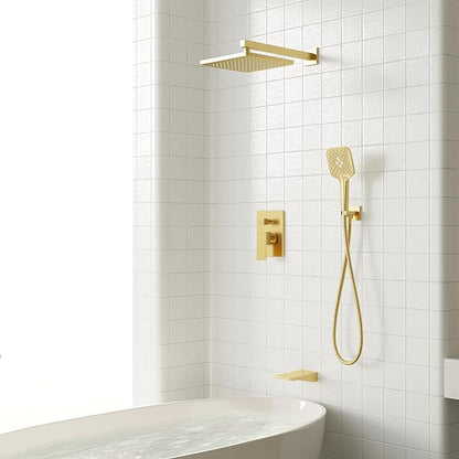 Gabrylly Shower System with Tub Spout, Wall Mounted Shower Faucet Set for Bathroom with High Pressure 10" Rain Shower head and 3-Setting Handheld Shower Head Set,Brushed Gold