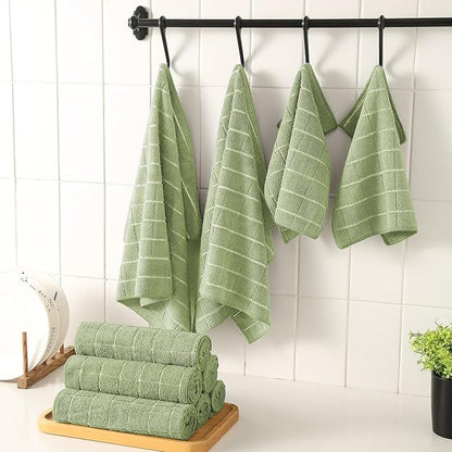 Microfiber Kitchen Towels and Dishcloths Set, 26 X 18 Inch and 12 X 12 Inch, Set of 12 Bulk Lint Free Dish Towels for Drying Dishes, Olive Green