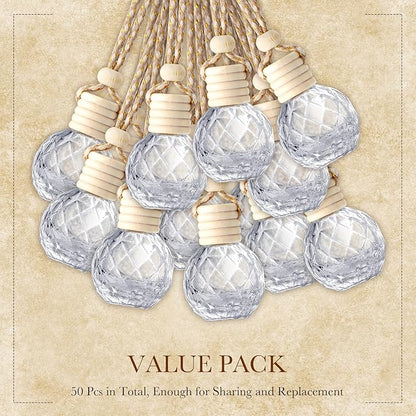 BBTO 50 Pcs Hanging Car Air Freshener Car Diffuser Bottles Empty Glass Perfume Bottle Freshener Diffuser Bottle Pendant for Essential Oil Fragrance Aromatherapy Ornament(Round Diamond)