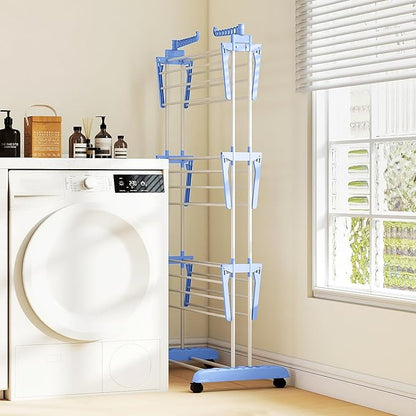 HOMCOM Folding Clothes Airer on Wheels Steel Frame Interior and Exterior Side Wings 3 Levels 73 x 64 x 177 cm Blue Silver