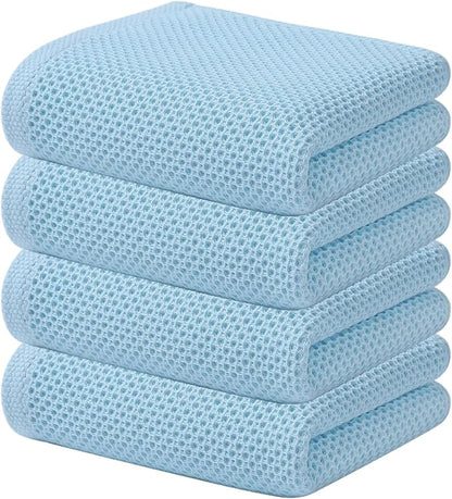 Kitinjoy 100% Cotton Waffle Weave Kitchen Hand Towels (13 X 28 Inches, Sky Blue), 4-Pack Super Soft and Absorbent Dish Towel for Drying Dishes